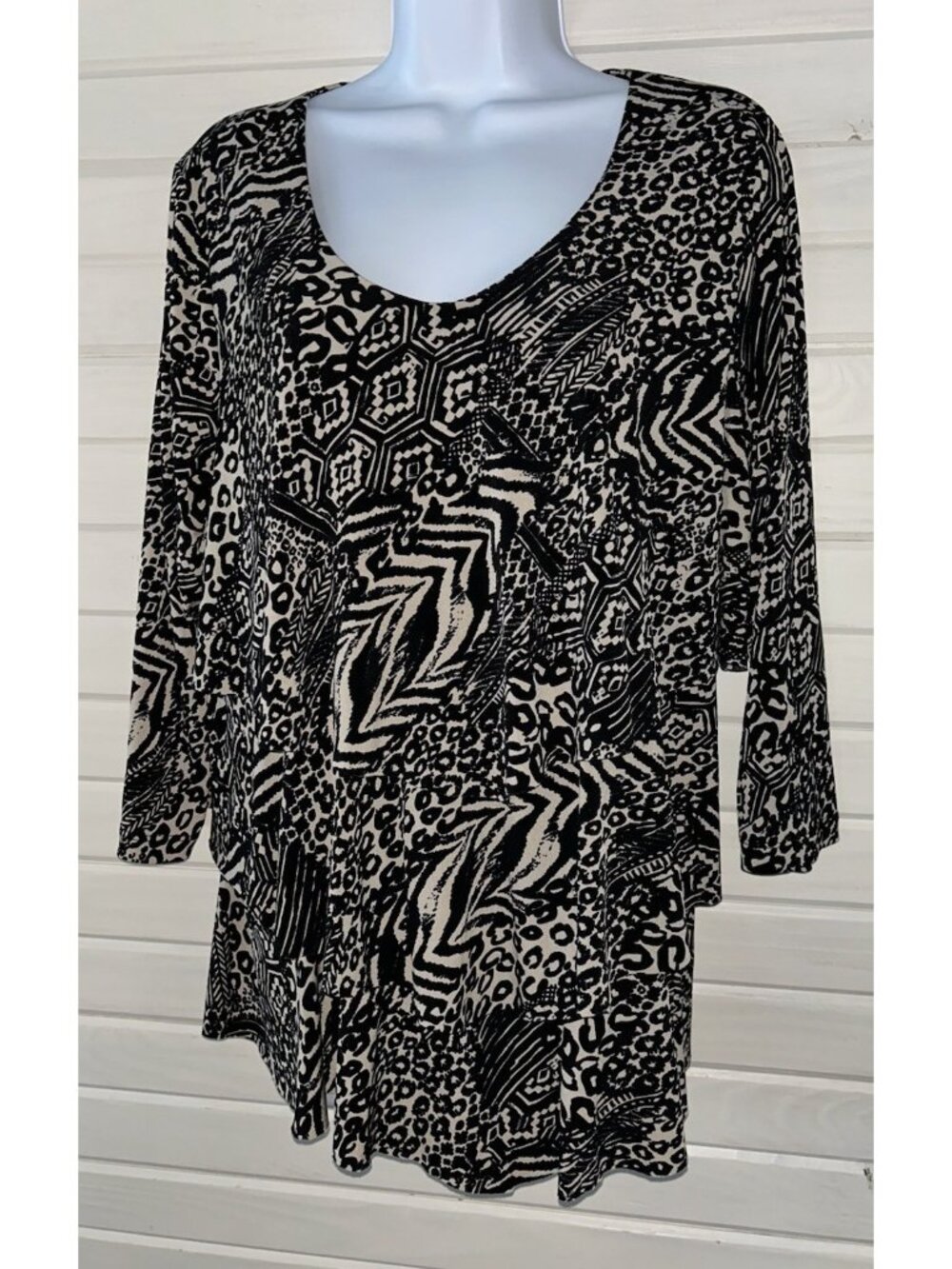 Susan Graver Sz LARGE Liquid Knit Tiered Layered Tunic Brown Black Leopard EUC